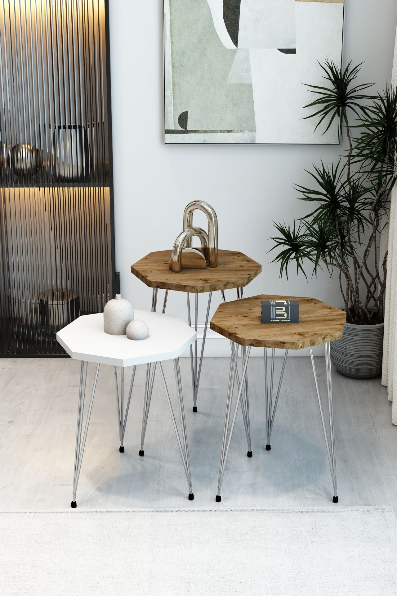 3'lü Sekizgen Zigon Sehpa Seti - Gümüş Metal Ayaklı, Modern & Şık Yan Sehpa, Dayanıklı Salon Ofis 1 Beyaz 2 Atlantik Çam