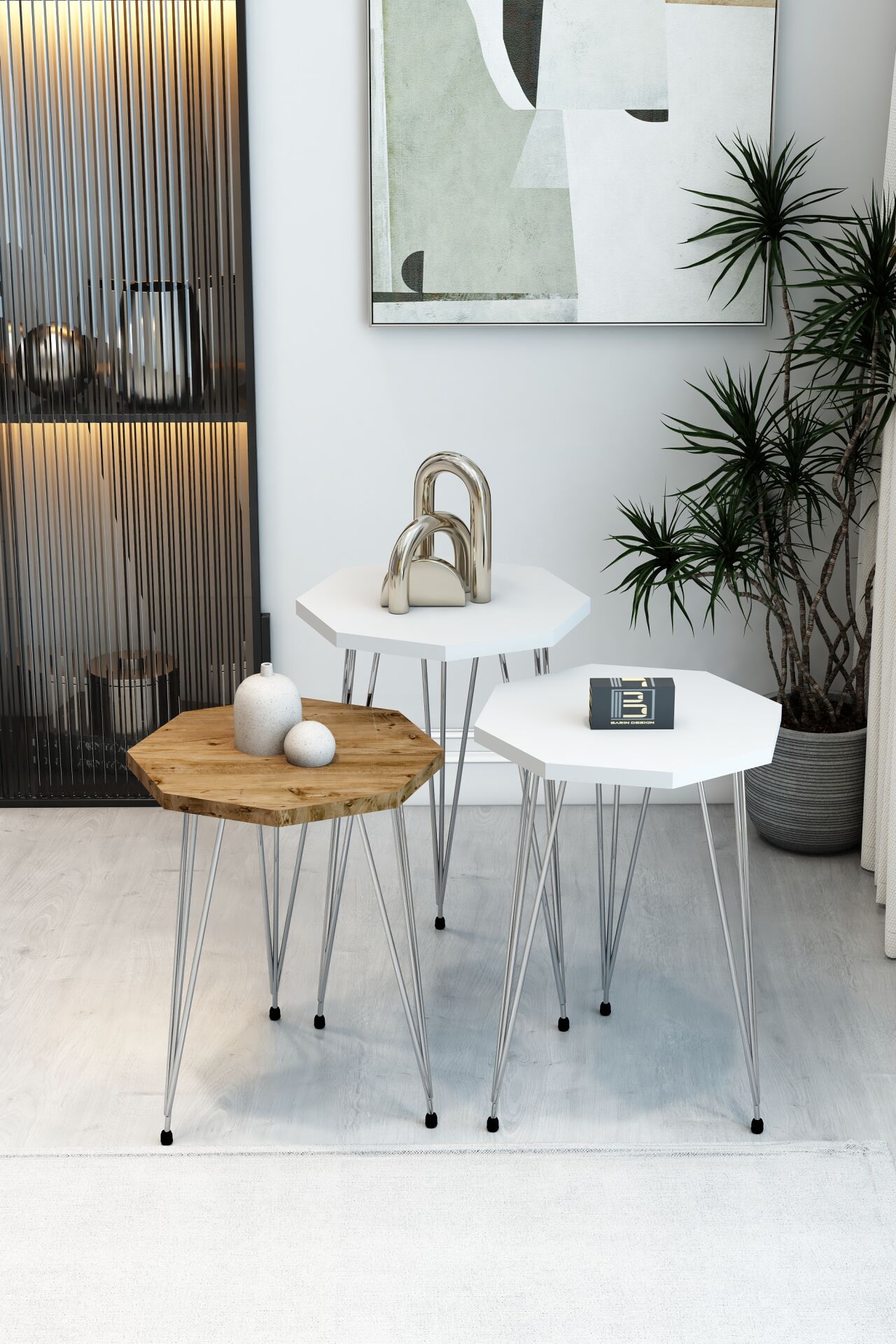 3'lü Sekizgen Zigon Sehpa Seti - Gümüş Metal Ayaklı, Modern & Şık Yan Sehpa, Dayanıklı Salon Ofis 2 Beyaz 1 Atlantik Çam