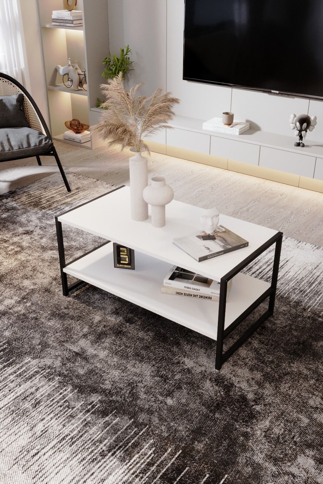Modern & Şık Orta Sehpa Metal Çerçeve ile Dayanıklı Tasarım, Minimalist ve Fonksiyonel, Salon ,Ofis Beyaz
