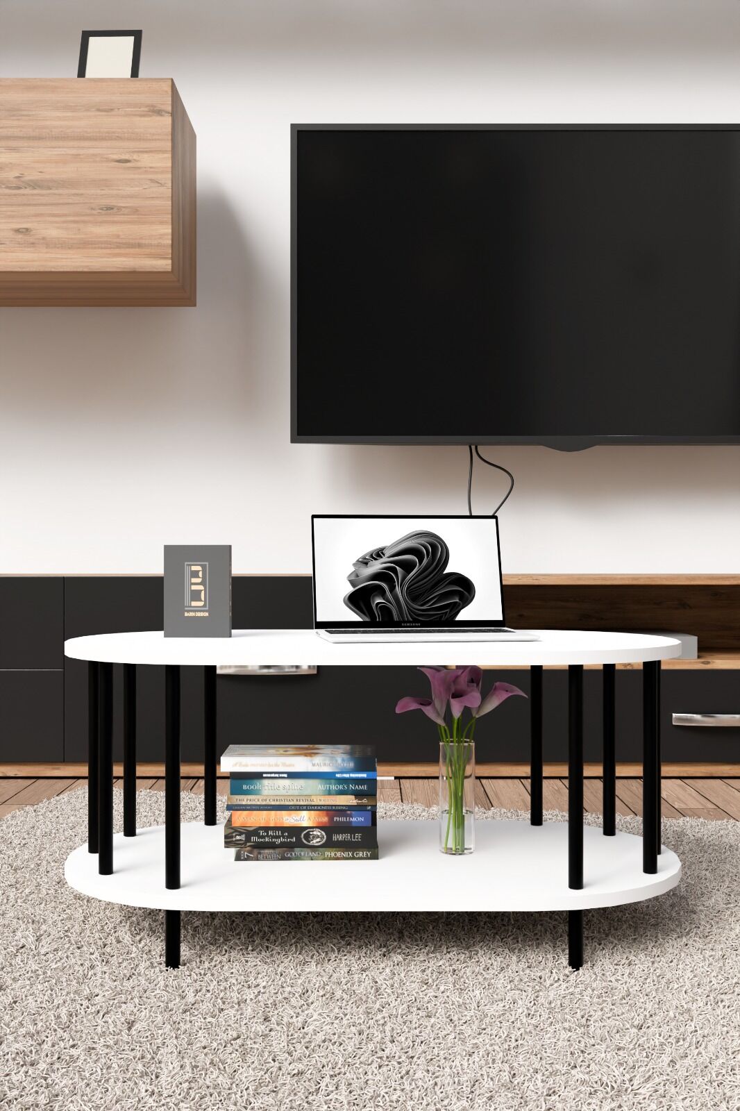 Modern Oval Orta Sehpa Çift Katlı Metal Ayaklı Salon, Ofis, Dekoratif Sehpa, Kahve sehpası Siyah Mermer