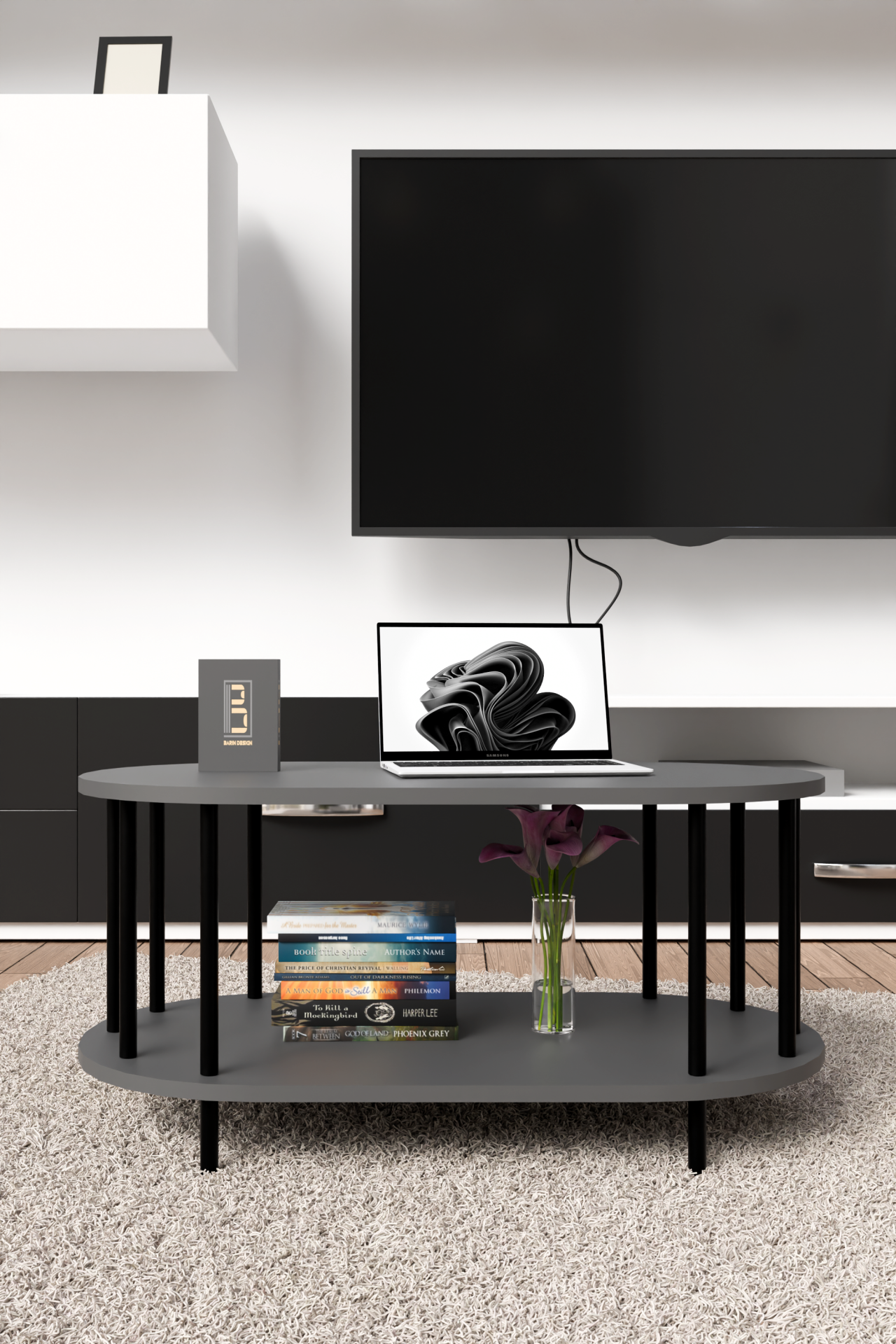 Modern Oval Orta Sehpa Çift Katlı Metal Ayaklı Salon, Ofis, Dekoratif Sehpa, Kahve sehpası Antrasit