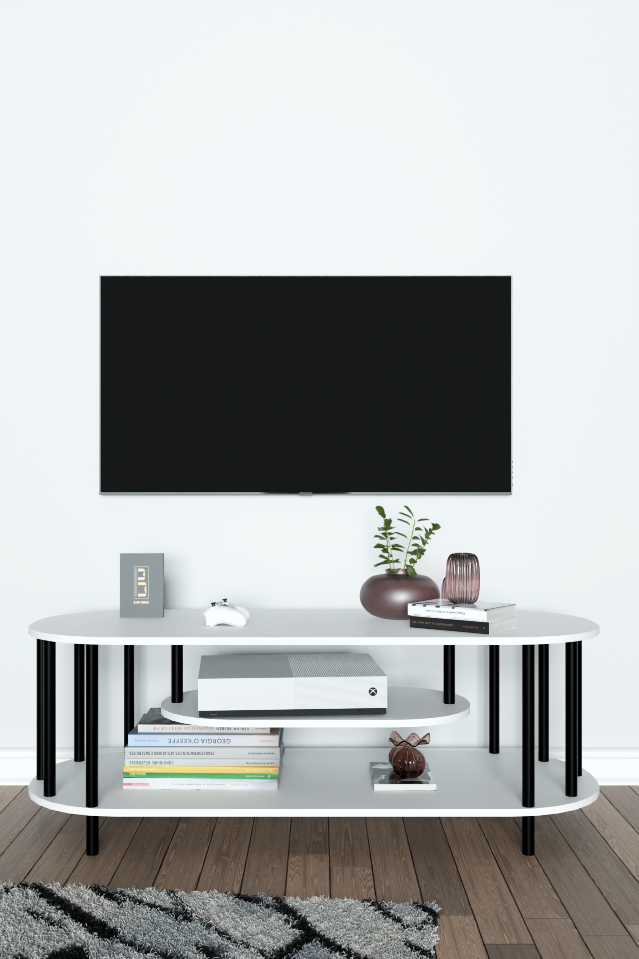 Modern TV Ünitesi Ahşap Raflı 2 Katlı Televizyon Sehpası Minimalist,Dayanıklı, Fonksiyonel TV Standı Beyaz