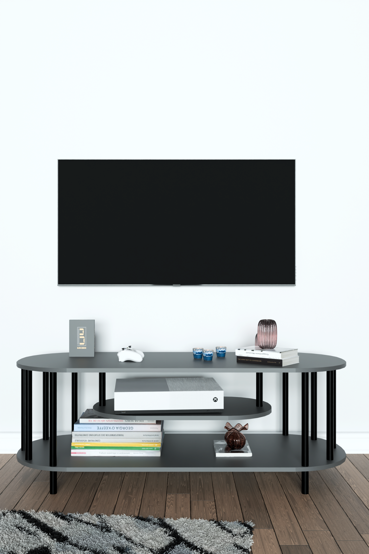 Modern TV Ünitesi Ahşap Raflı 2 Katlı Televizyon Sehpası Minimalist,Dayanıklı, Fonksiyonel TV Standı Antrasit