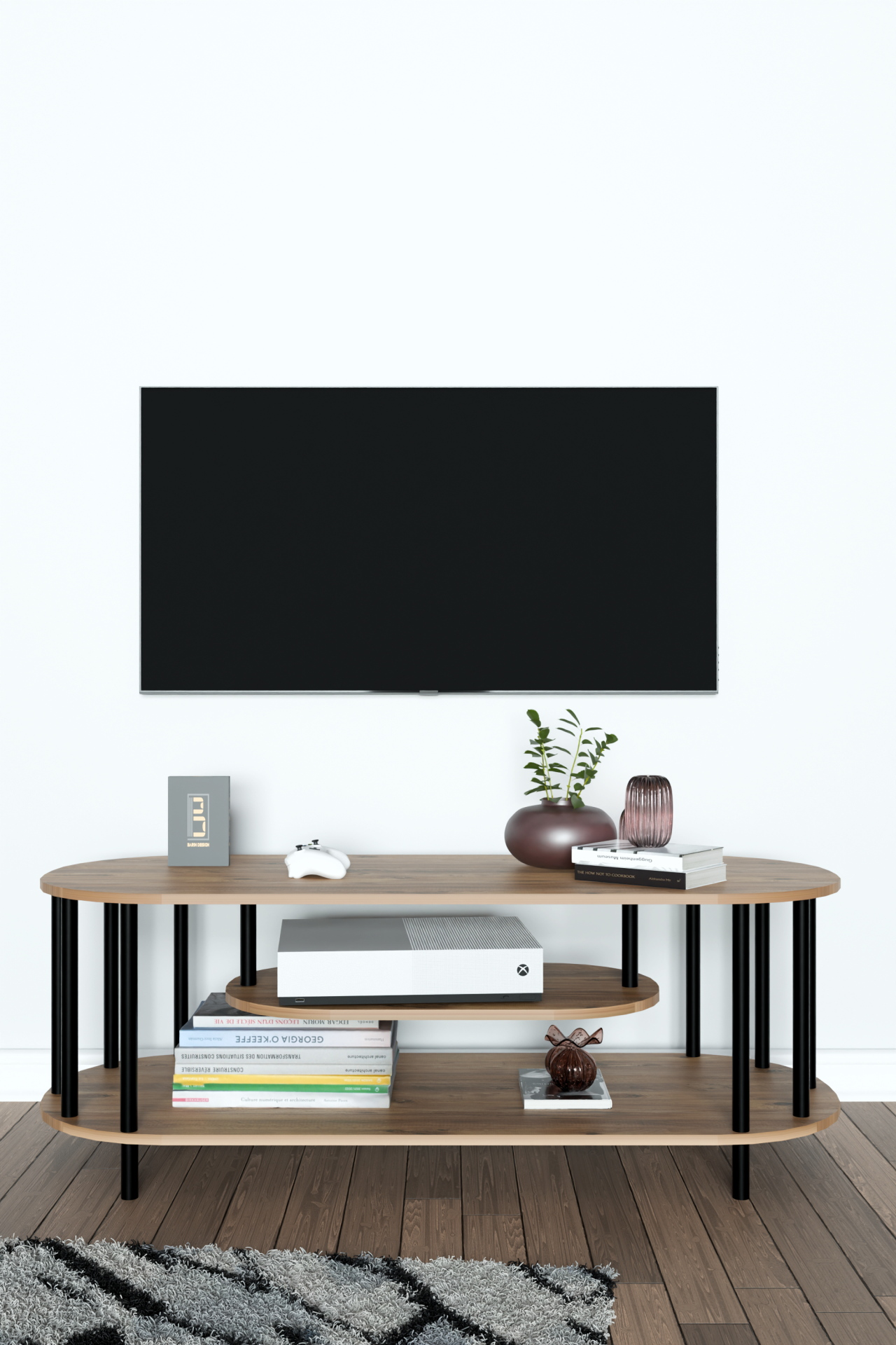 Modern TV Ünitesi Ahşap Raflı 2 Katlı Televizyon Sehpası Minimalist,Dayanıklı, Fonksiyonel TV Standı Atlantik Çam