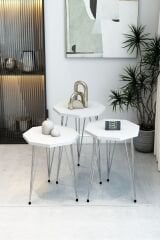 3'lü Sekizgen Zigon Sehpa Seti - Gümüş Metal Ayaklı, Modern & Şık Yan Sehpa, Dayanıklı Salon Ofis