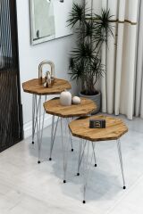 3'lü Sekizgen Zigon Sehpa Seti - Gümüş Metal Ayaklı, Modern & Şık Yan Sehpa, Dayanıklı Salon Ofis Atlantik Çam