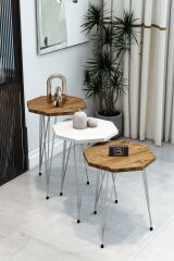 3'lü Sekizgen Zigon Sehpa Seti - Gümüş Metal Ayaklı, Modern & Şık Yan Sehpa, Dayanıklı Salon Ofis 1 Beyaz 2 Atlantik Çam
