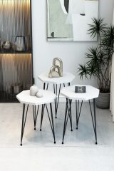 3'lü Sekizgen Zigon Sehpa Seti - Siyah Metal Ayaklı, Modern & Şık Yan Sehpa, Dayanıklı Salon Ofis