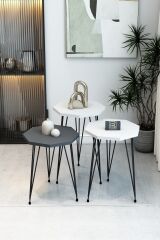 3'lü Sekizgen Zigon Sehpa Seti - Siyah Metal Ayaklı, Modern & Şık Yan Sehpa, Dayanıklı Salon Ofis