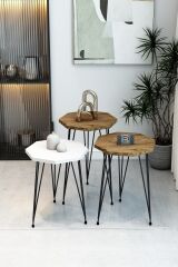 3'lü Sekizgen Zigon Sehpa Seti - Siyah Metal Ayaklı, Modern & Şık Yan Sehpa, Dayanıklı Salon Ofis