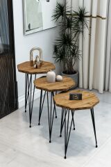 3'lü Sekizgen Zigon Sehpa Seti - Siyah Metal Ayaklı, Modern & Şık Yan Sehpa, Dayanıklı Salon Ofis Atlantik Çam