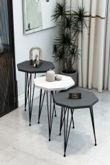 3'lü Sekizgen Zigon Sehpa Seti - Siyah Metal Ayaklı, Modern & Şık Yan Sehpa, Dayanıklı Salon Ofis 1 Beyaz 2 Antrasit