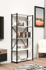 5 Geniş Raflı Kitaplık Metal Çerçeveli Modern Raf Çalışma Odası Ofis Salon Kitaplığı Evrak Rafı 180 cm Beyaz
