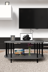 Modern Oval Orta Sehpa Çift Katlı Metal Ayaklı Salon, Ofis, Dekoratif Sehpa, Kahve sehpası Siyah Mermer