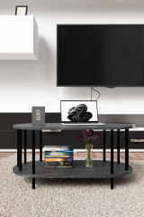 Modern Oval Orta Sehpa Çift Katlı Metal Ayaklı Salon, Ofis, Dekoratif Sehpa, Kahve sehpası Siyah Mermer