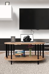 Modern Oval Orta Sehpa Çift Katlı Metal Ayaklı Salon, Ofis, Dekoratif Sehpa, Kahve sehpası Siyah Mermer