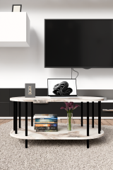 Modern Oval Orta Sehpa Çift Katlı Metal Ayaklı Salon, Ofis, Dekoratif Sehpa, Kahve sehpası Siyah Mermer