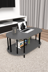 Modern Oval Orta Sehpa Çift Katlı Metal Ayaklı Salon, Ofis, Dekoratif Sehpa, Kahve sehpası Antrasit