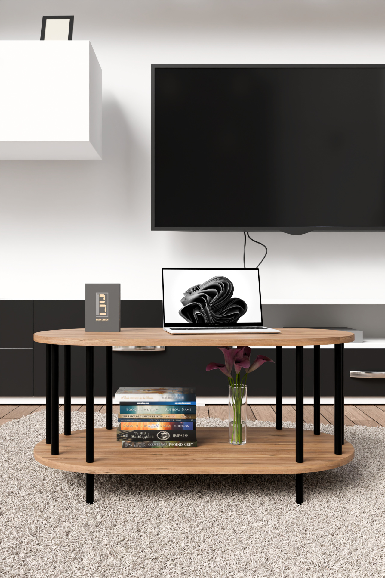 Modern Oval Orta Sehpa Çift Katlı Metal Ayaklı Salon, Ofis, Dekoratif Sehpa, Kahve sehpası Atlantik Çam