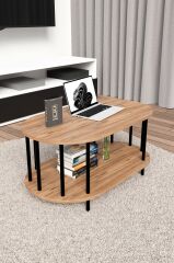 Modern Oval Orta Sehpa Çift Katlı Metal Ayaklı Salon, Ofis, Dekoratif Sehpa, Kahve sehpası Atlantik Çam