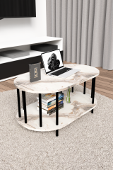 Modern Oval Orta Sehpa Çift Katlı Metal Ayaklı Salon, Ofis, Dekoratif Sehpa, Kahve sehpası Beyaz Mermer