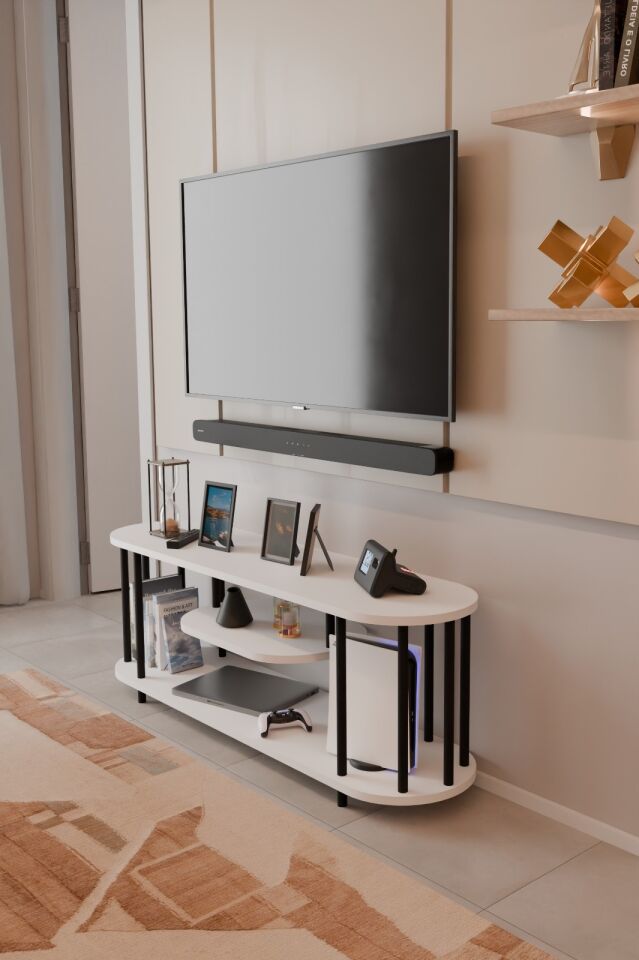 Modern TV Ünitesi Ahşap Raflı 2 Katlı Televizyon Sehpası Minimalist,Dayanıklı, Fonksiyonel TV Standı Beyaz