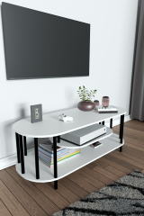 Modern TV Ünitesi Ahşap Raflı 2 Katlı Televizyon Sehpası Minimalist,Dayanıklı, Fonksiyonel TV Standı Beyaz