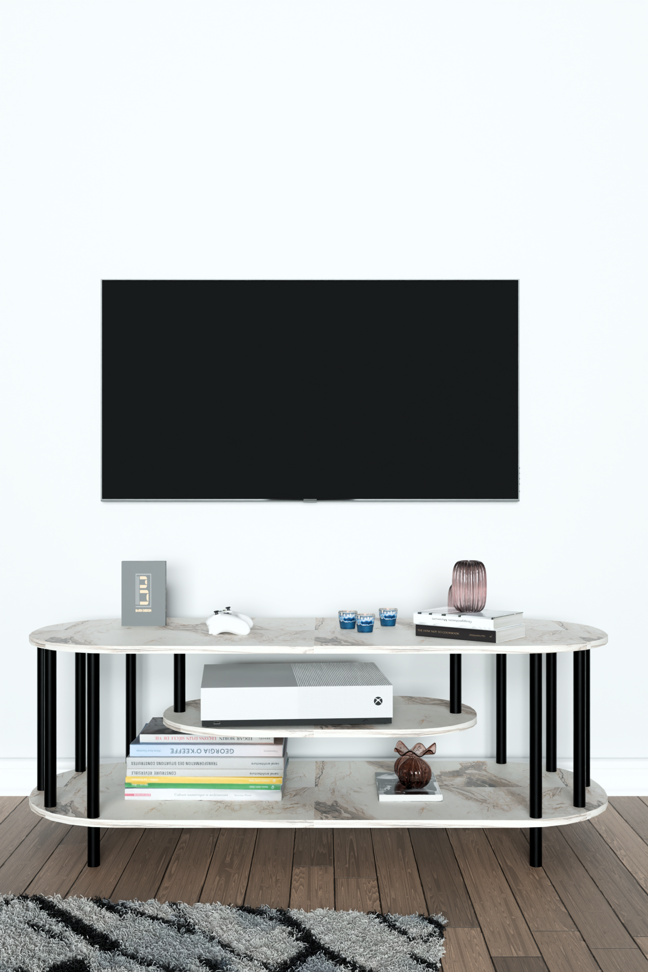 Modern TV Ünitesi Ahşap Raflı 2 Katlı Televizyon Sehpası Minimalist,Dayanıklı, Fonksiyonel TV Standı Beyaz Mermer
