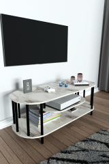 Modern TV Ünitesi Ahşap Raflı 2 Katlı Televizyon Sehpası Minimalist,Dayanıklı, Fonksiyonel TV Standı Beyaz Mermer
