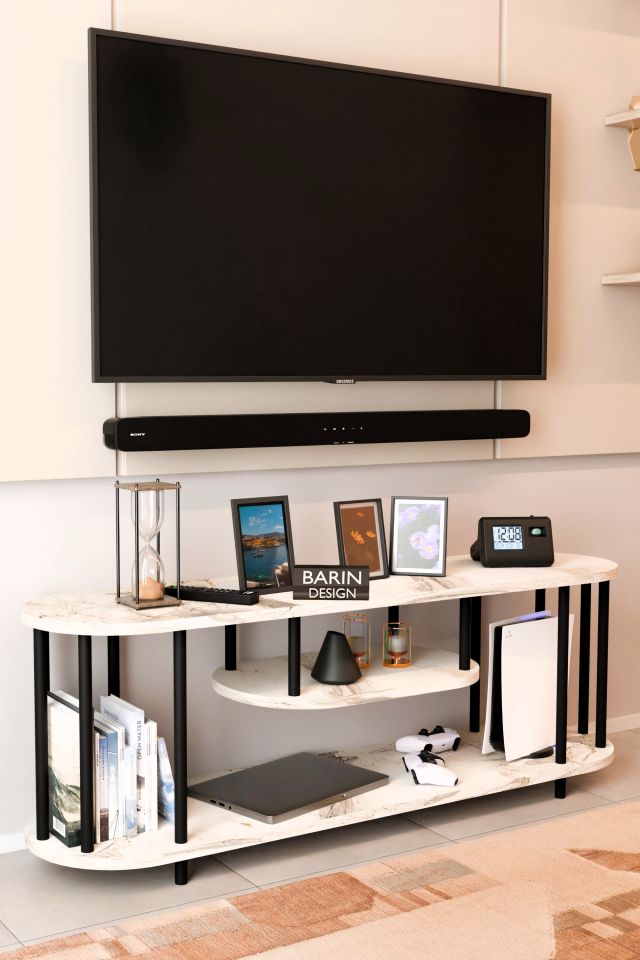 Modern TV Ünitesi Ahşap Raflı 2 Katlı Televizyon Sehpası Minimalist,Dayanıklı, Fonksiyonel TV Standı Beyaz Mermer