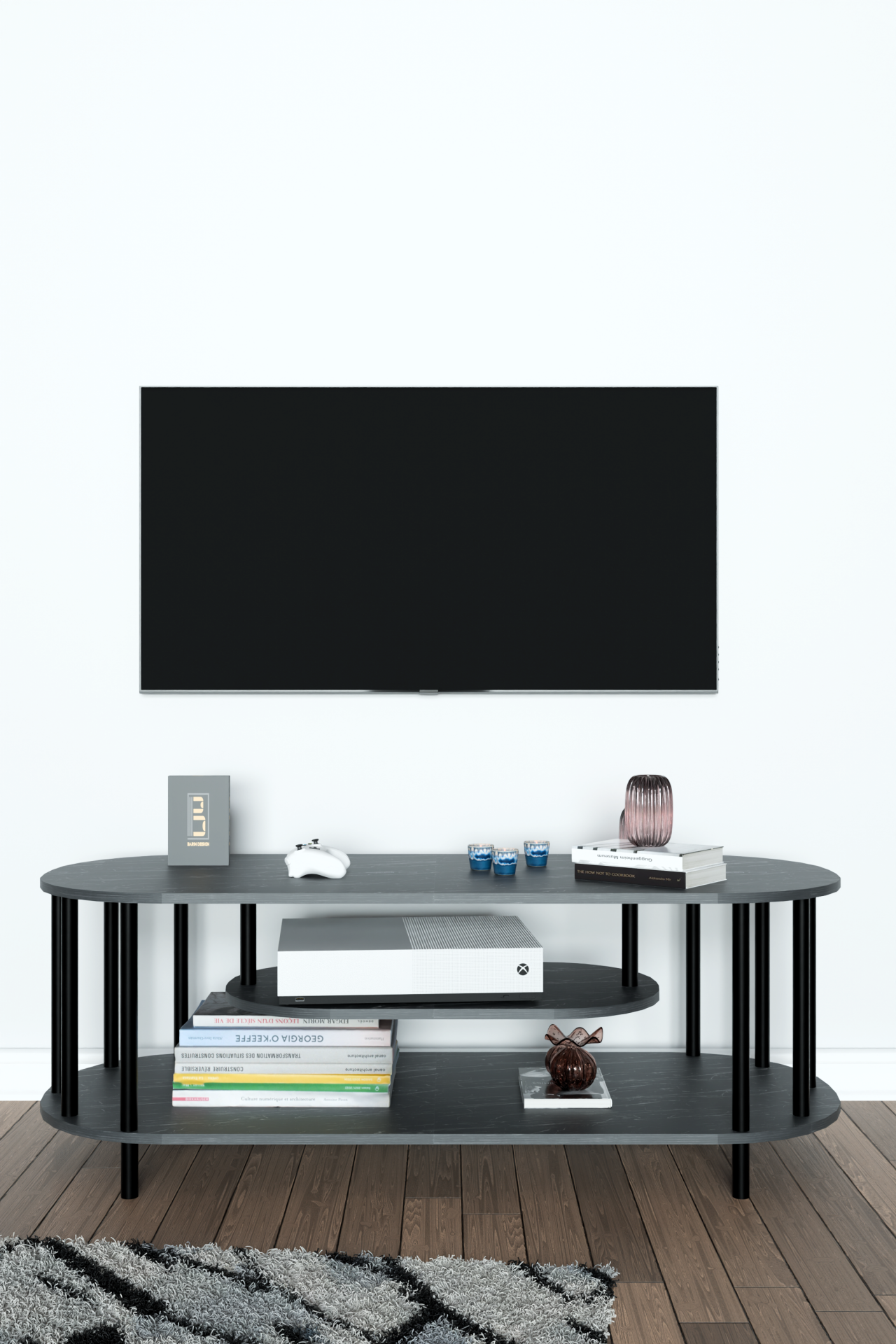 Modern TV Ünitesi Ahşap Raflı 2 Katlı Televizyon Sehpası Minimalist,Dayanıklı, Fonksiyonel TV Standı Siyah Mermer