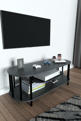 Modern TV Ünitesi Ahşap Raflı 2 Katlı Televizyon Sehpası Minimalist,Dayanıklı, Fonksiyonel TV Standı Siyah Mermer