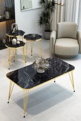 3'Lü Sekizgen Zigon Sehpa ve Dikdörtgen Orta Sehpa Takımı Modern Gold Metal Ayaklı Salon Sehpa Seti