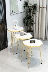 3'Lü Sekizgen Zigon Sehpa ve Dikdörtgen Orta Sehpa Takımı Modern Gold Metal Ayaklı Salon Sehpa Seti Beyaz