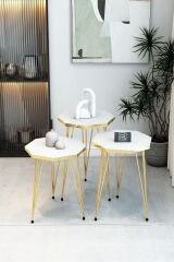 3'Lü Sekizgen Zigon Sehpa ve Dikdörtgen Orta Sehpa Takımı Modern Gold Metal Ayaklı Salon Sehpa Seti Beyaz