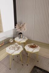 3'Lü Sekizgen Zigon Sehpa ve Dikdörtgen Orta Sehpa Takımı Modern Gold Metal Ayaklı Salon Sehpa Seti Beyaz Mermer