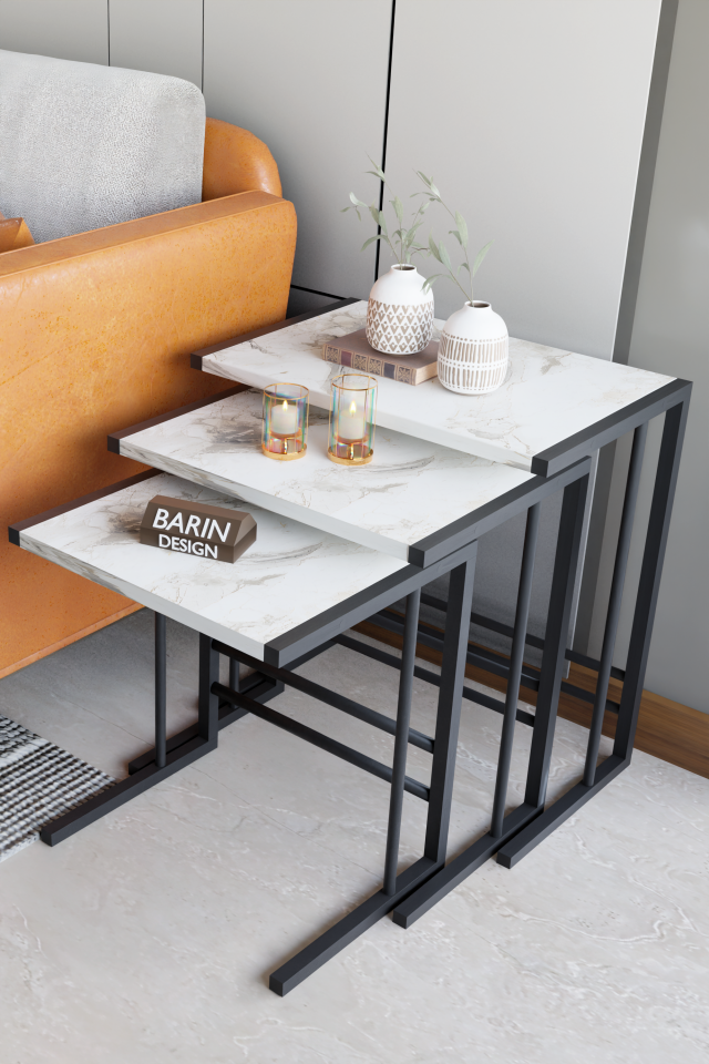 C Sehpa 3'lü Zigon Sehpa Seti Metal Ayaklı Modern Tasarım Koltuk Yanı Salon Ofis Fonksiyonel Sehpa Beyaz