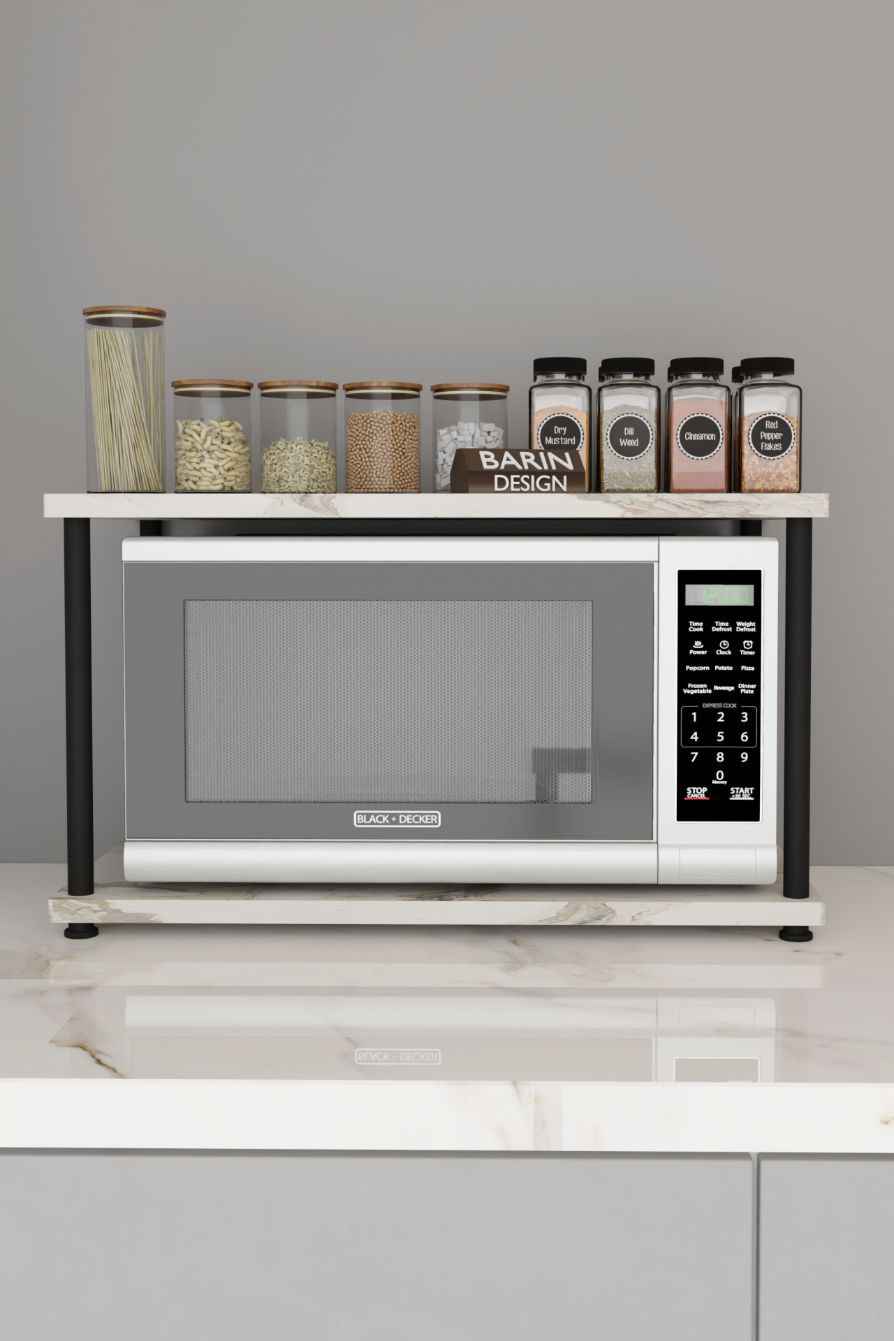 Barın Design Çevir Kur Mutfak Tezgah Üstü Mikrodalga Rafı Çok Amaçlı Organizer Stand Baharatlık Raf Sistemleri Beyaz Mermer