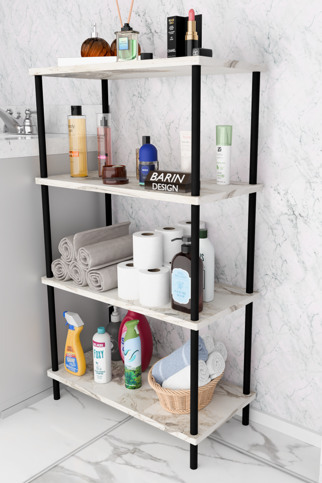 Çevir Kur Kolay Kurulum 4 Katlı Banyo Rafı | Metal Gövdeli Çok Amaçlı Organizer Stand Banyo Dolabı Beyaz Mermer