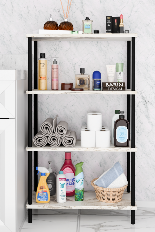 Çevir Kur Kolay Kurulum 4 Katlı Banyo Rafı | Metal Gövdeli Çok Amaçlı Organizer Stand Banyo Dolabı Beyaz Mermer