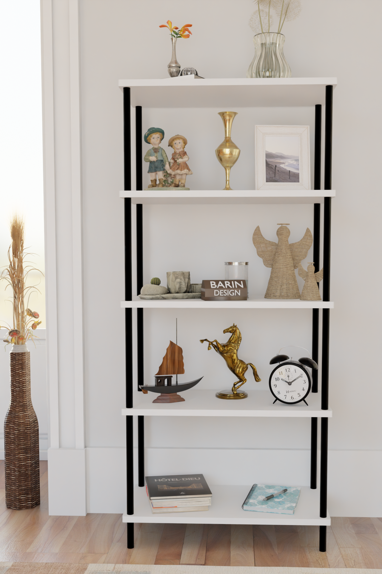 5 Raflı Modern Metal Gövdeli Kitaplık Çevir-Tak Kolay Kurulum Çalışma Odası, Salon, Ofis Kullanımı Beyaz