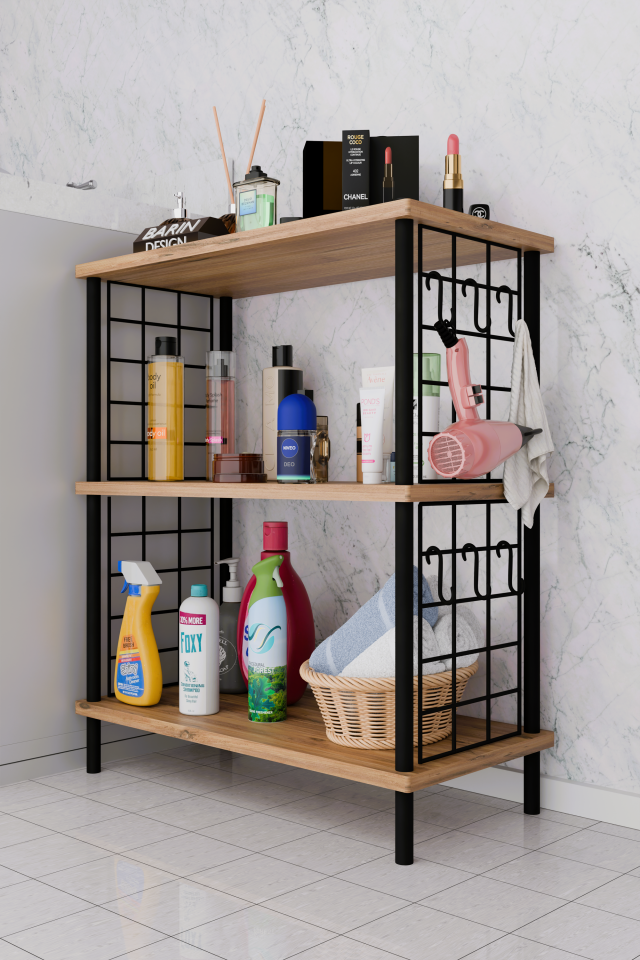 3Raflı Telli Çevir Kur Çok Amaçlı Banyo Rafı Dolabı Metal Gövdeli Organizer Düzenleyici Saklama Rafı Atlantik Çam