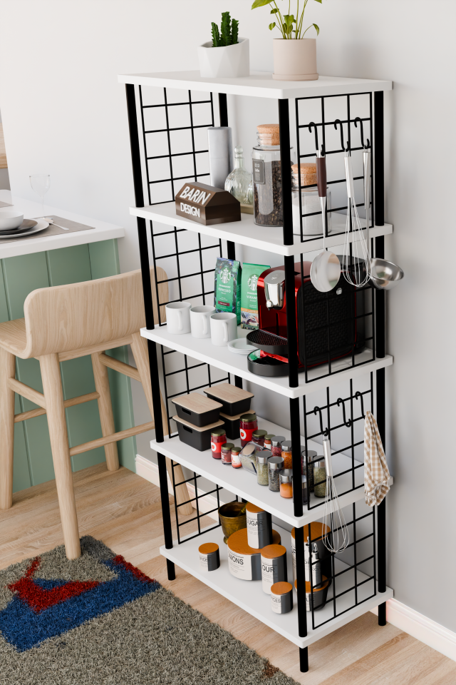 5 Raflı Çevir Kur Çok Amaçlı Raf – Tel Yan Panel, Açık Raf Sistemli Metal Gövdeli Organizer Dolap Beyaz