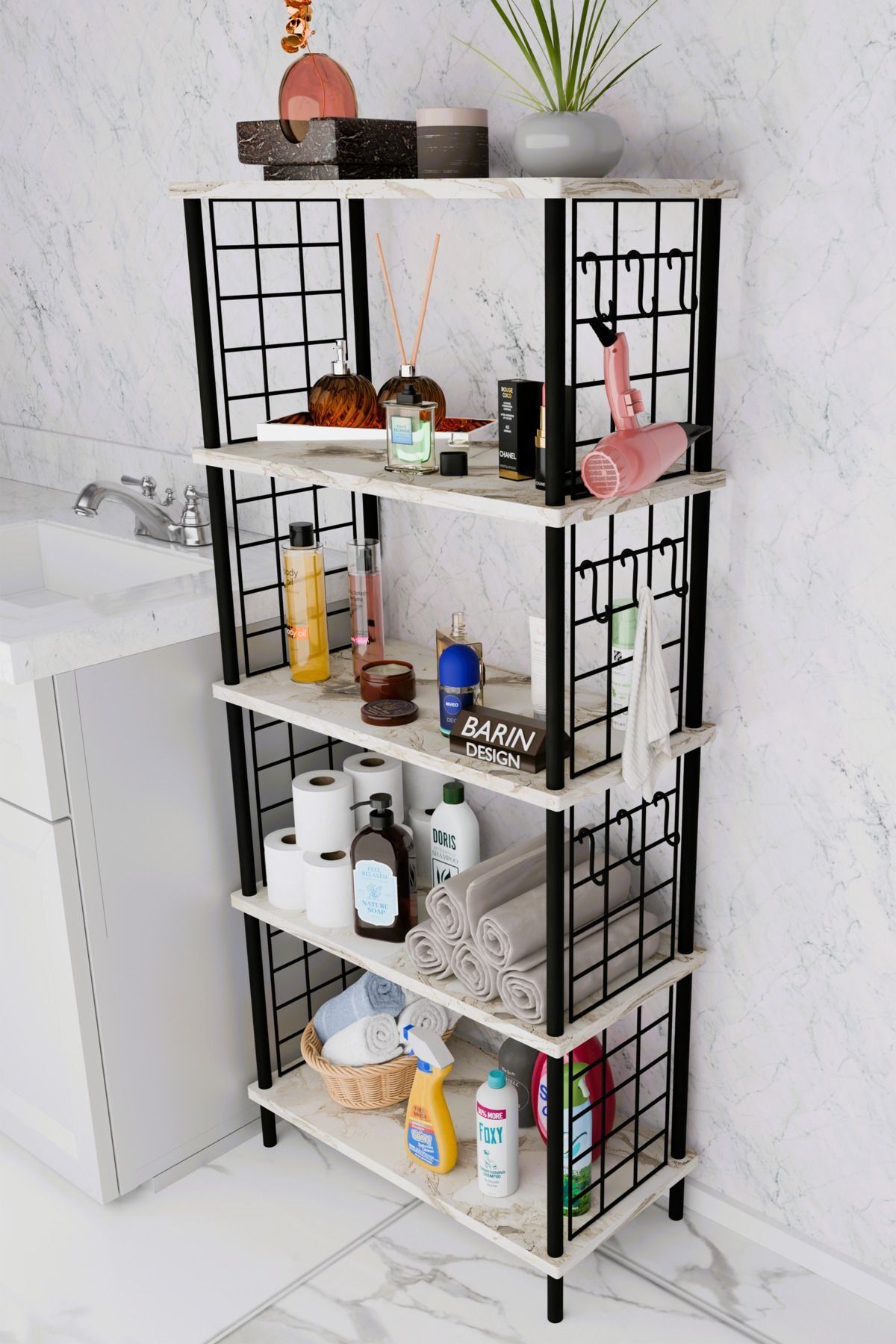 5 Raflı Çevir-Kur Raf Ünitesi | Telli Metal Gövdeli Organizer | Banyo, Mutfak, Balkon, Antre Uyumlu