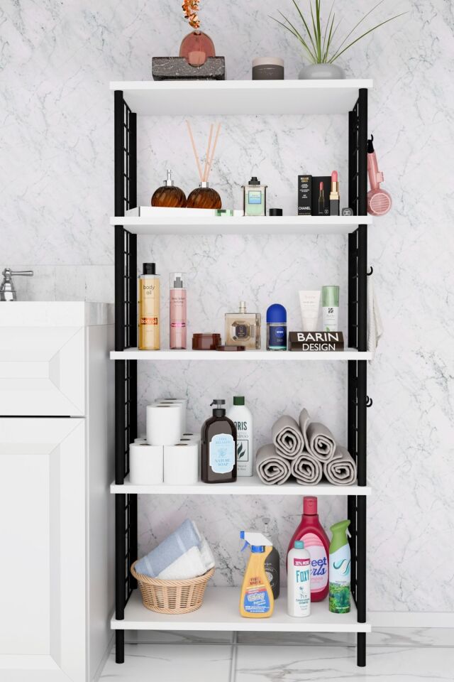 5 Raflı Çevir-Kur Raf Ünitesi | Telli Metal Gövdeli Organizer | Banyo, Mutfak, Balkon, Antre Uyumlu Beyaz