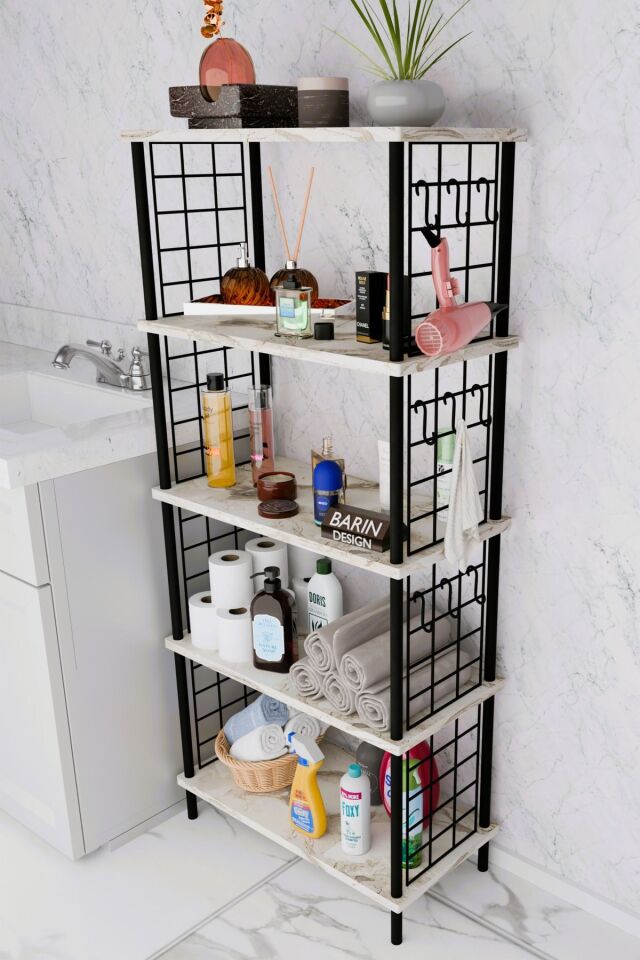 5 Raflı Çevir-Kur Raf Ünitesi | Telli Metal Gövdeli Organizer | Banyo, Mutfak, Balkon, Antre Uyumlu Beyaz Mermer