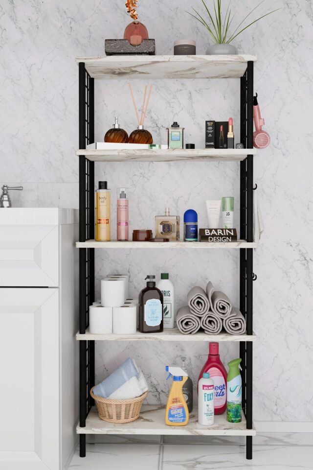5 Raflı Çevir-Kur Raf Ünitesi | Telli Metal Gövdeli Organizer | Banyo, Mutfak, Balkon, Antre Uyumlu Beyaz Mermer