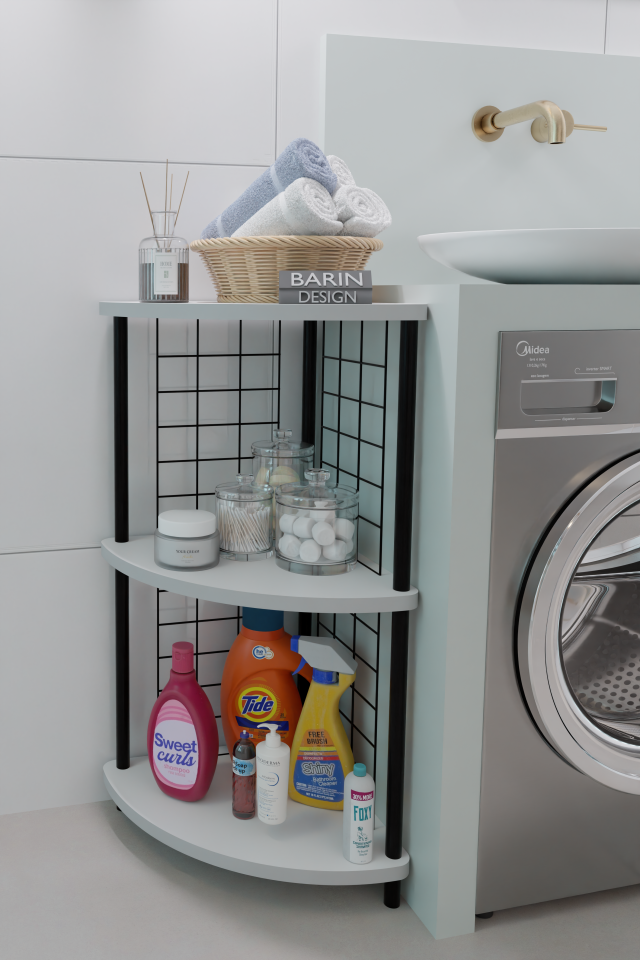 Barın Design 3 Raflı Köşe Raf Banyo ve Çamaşır Odası Çok Amaçlı Düzenleyici Metal Gövde Çevir Kur Kolay Kurulum