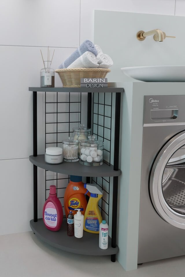 Barın Design 3 Raflı Köşe Raf Banyo ve Çamaşır Odası Çok Amaçlı Düzenleyici Metal Gövde Çevir Kur Kolay Kurulum