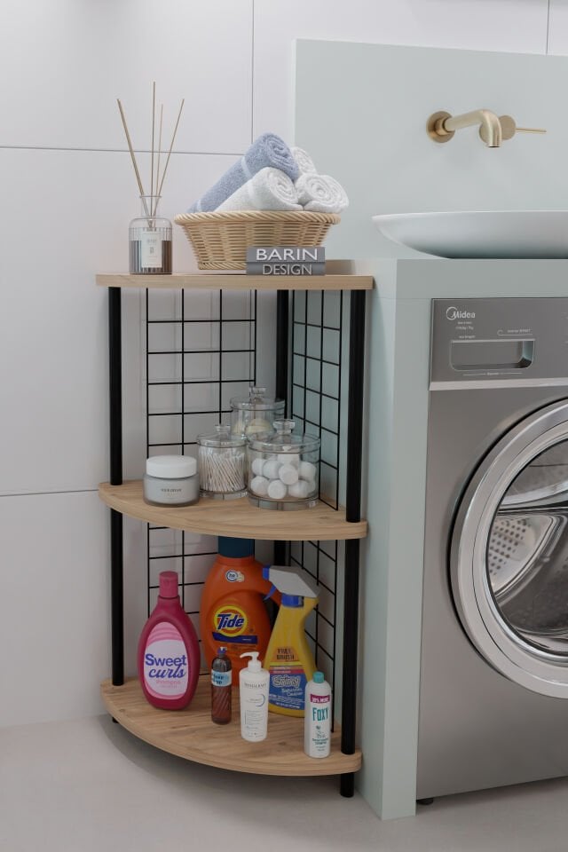 Barın Design 3 Raflı Köşe Raf Banyo ve Çamaşır Odası Çok Amaçlı Düzenleyici Metal Gövde Çevir Kur Kolay Kurulum
